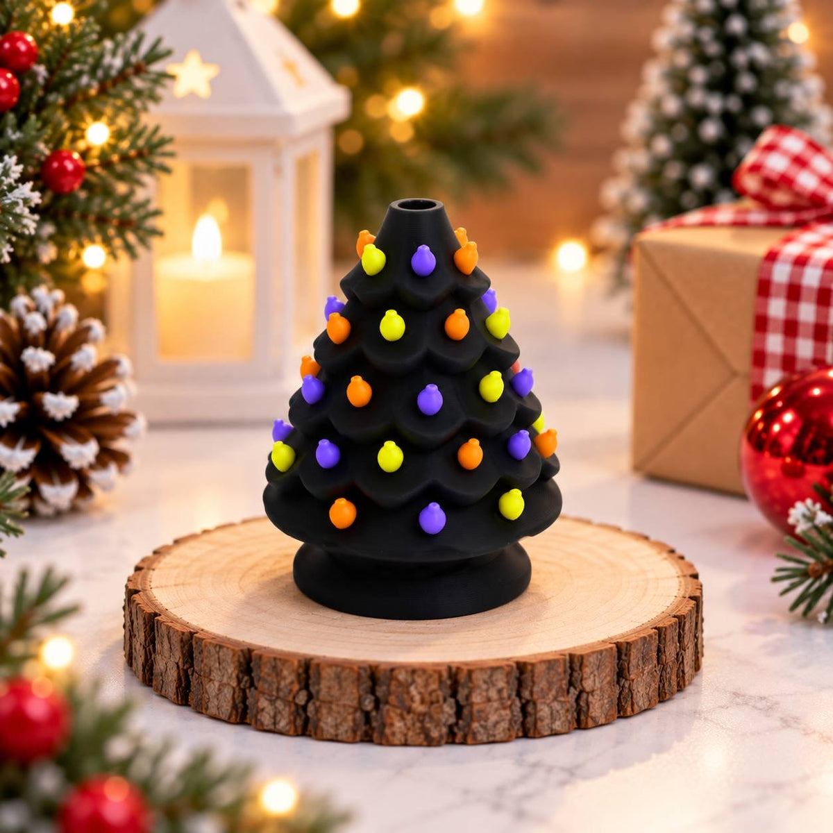 Black Halloween Christmas tree 3D printed bead with purple orange and green lights