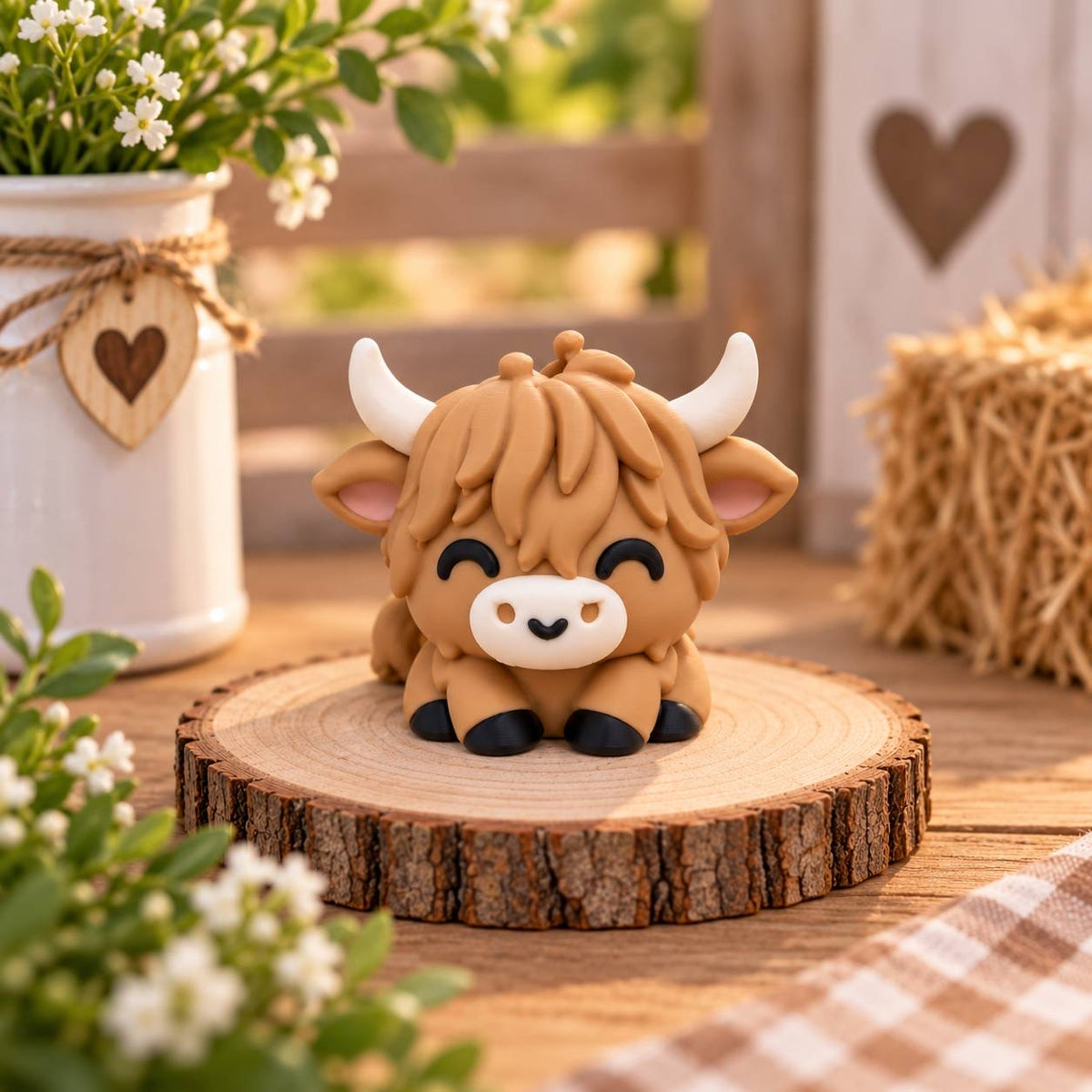 Cute brown Highland Cow 3D printed bead with horns and shaggy hair