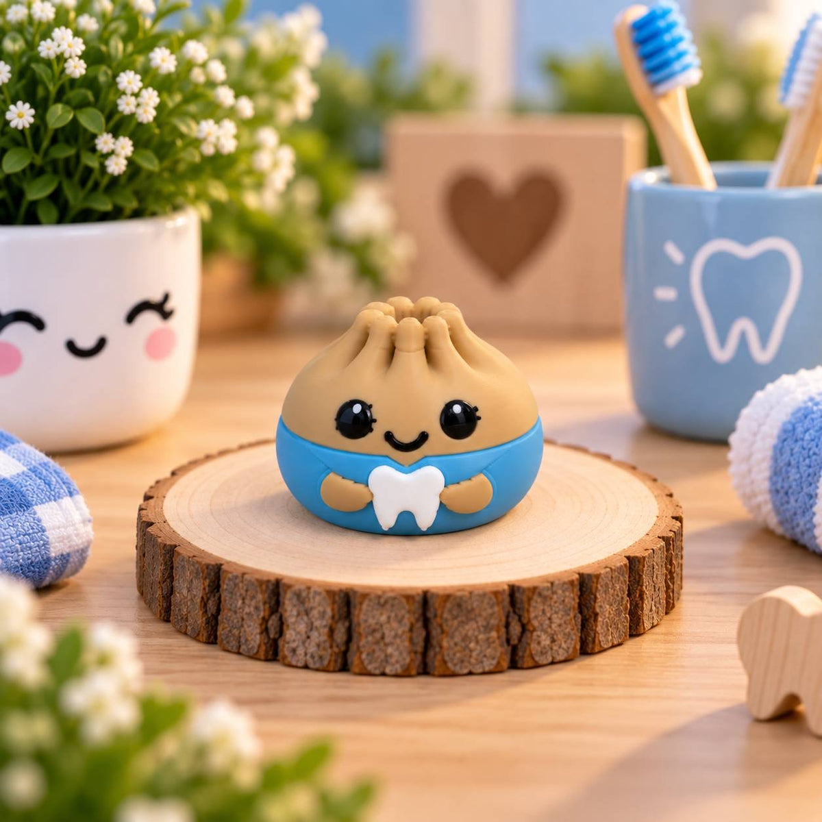 Cute Dental Dumpling 3D printed bead in blue holding a white tooth