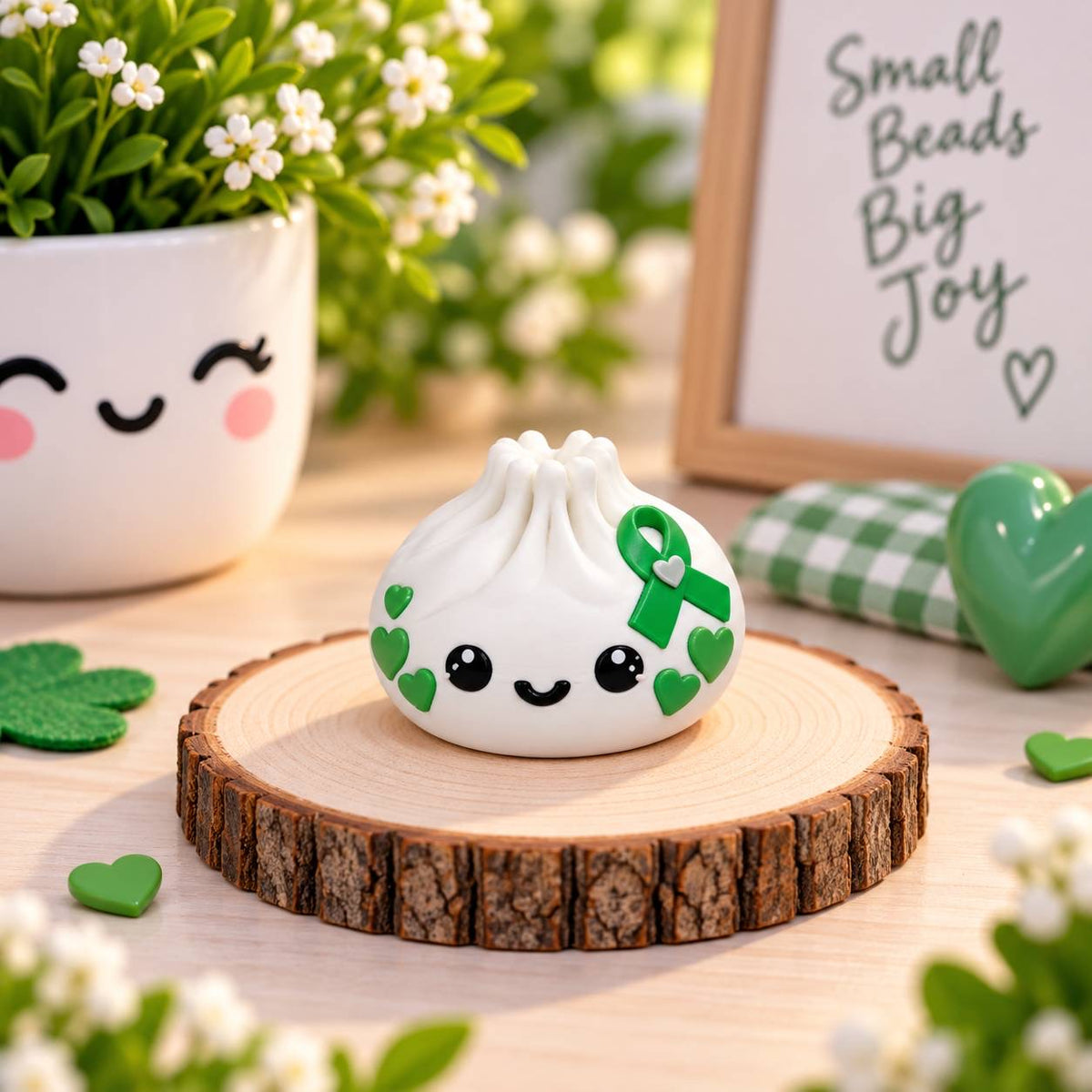 White Dumpling 3D printed bead with green awareness ribbon and green hearts
