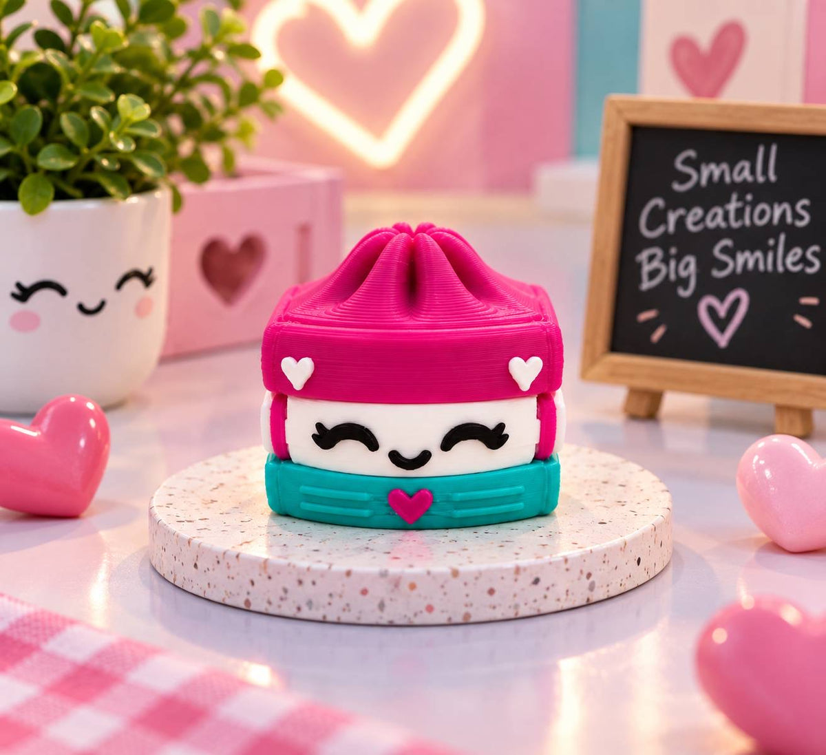 Booked and Cozy pink teal and white book stack Dumpling 3D printed bead with hearts