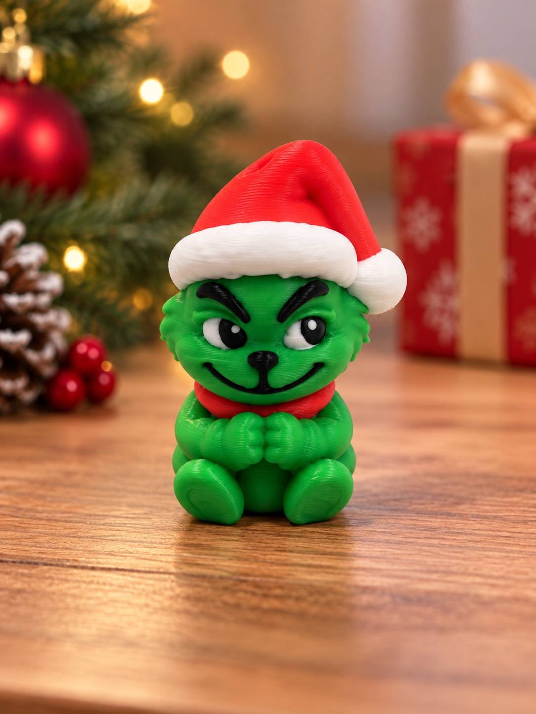 Merry Mischief green 3D printed Christmas bead wearing red and white Santa hat