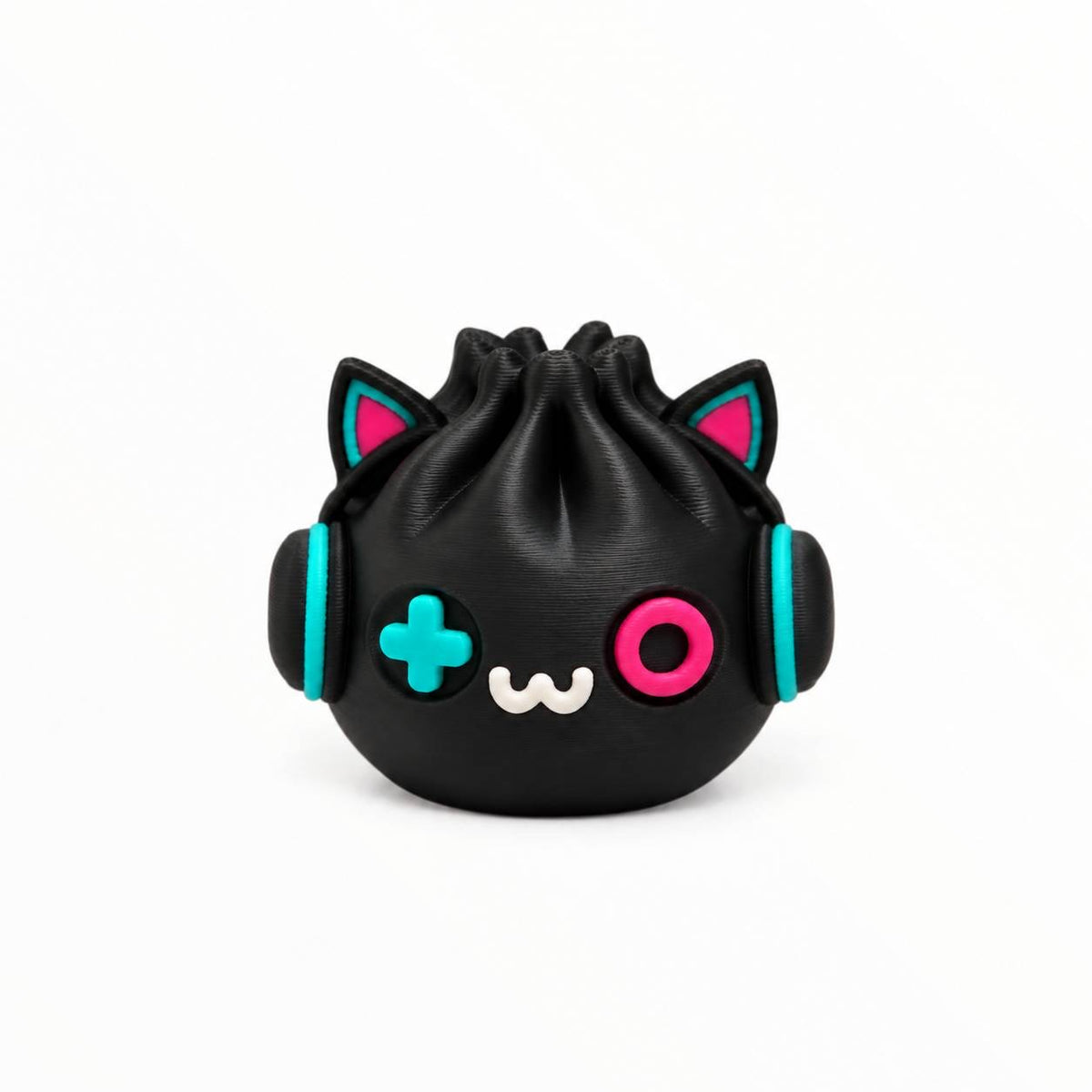 Pixel Paws black 3D printed gamer cat bead with headphones and teal and pink gaming details