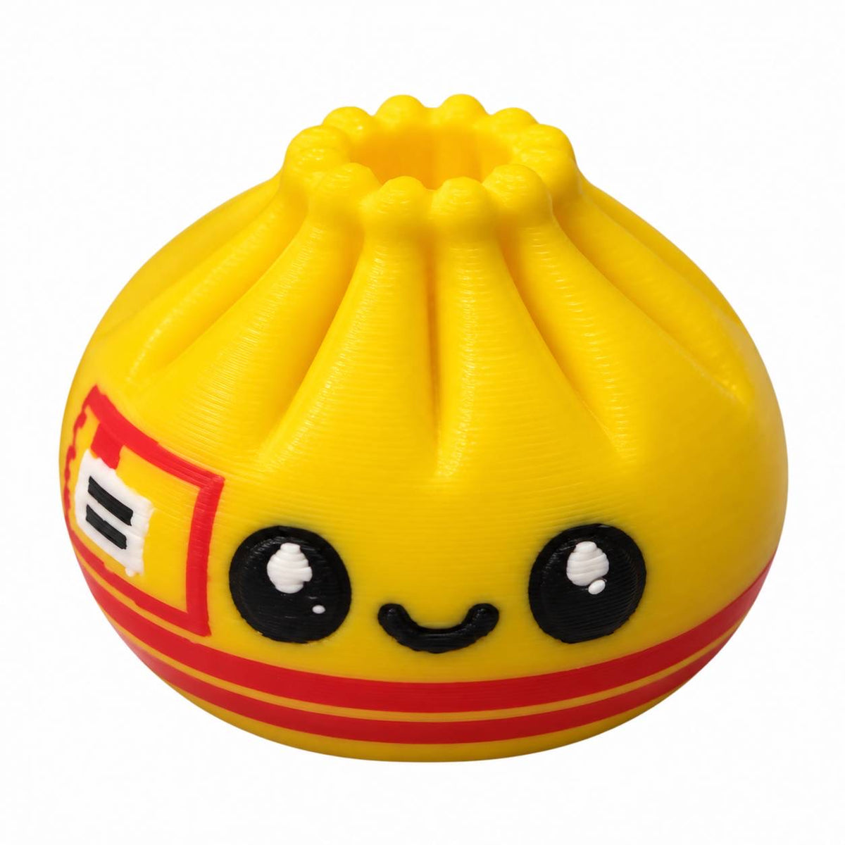Cute yellow 3D printed delivery-inspired dumpling bead with red stripes, large black eyes, smiling face and pleated top