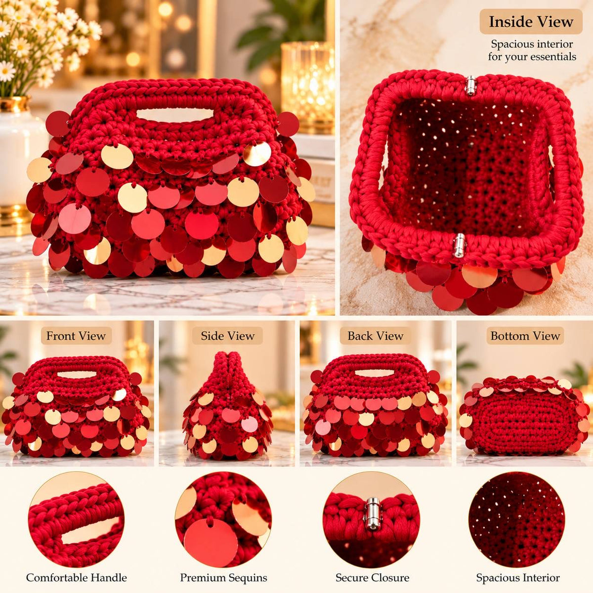 Ruby red hand-crocheted handbag by MiMi's Creations with shimmering red pink and gold sequins, integrated crochet handle, and metal clasp closure
