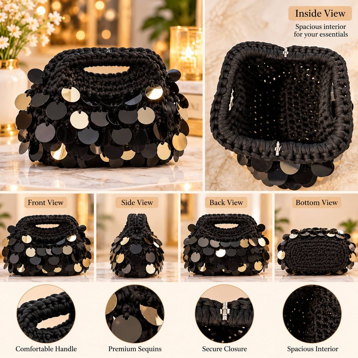 Midnight Sparkle black hand-crocheted sequin handbag by MiMi's Creations with built-in crochet handle and secure clasp closure