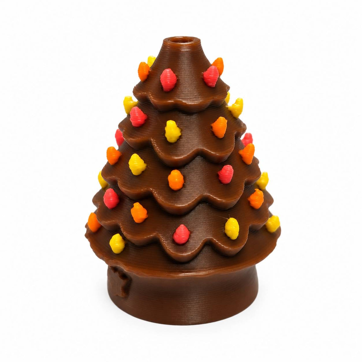 Autumn Harvest Tree 3D printed bead featuring a chocolate-brown tree with layered branches, red, orange, and yellow decorations, and a matching brown rounded base.