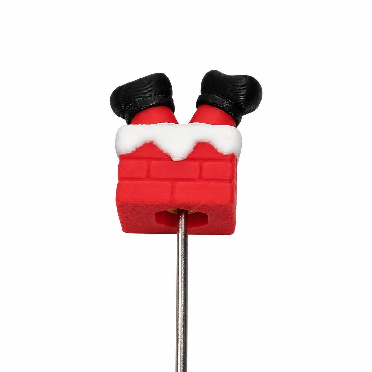 Santa's Chimney Surprise 3D printed pen topper featuring Santa's red legs and black boots sticking out of a red brick chimney with white snow, displayed on a beadable pen.