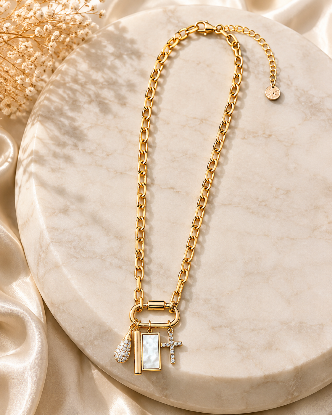 Gold Figaro Link Charm Necklace with Rhinestone Cross