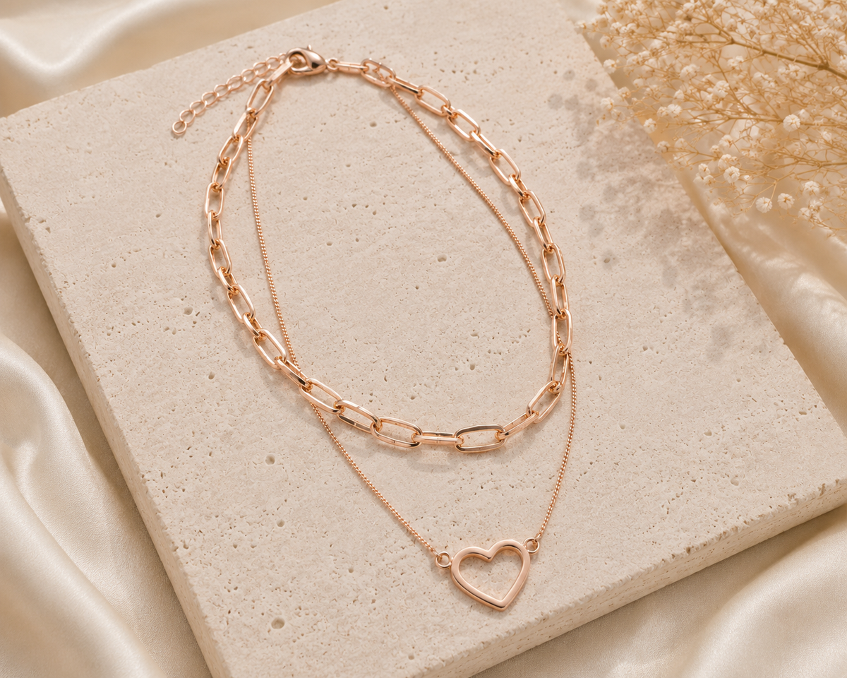 Rose Gold Layered Paperclip Chain Necklace with Open Heart