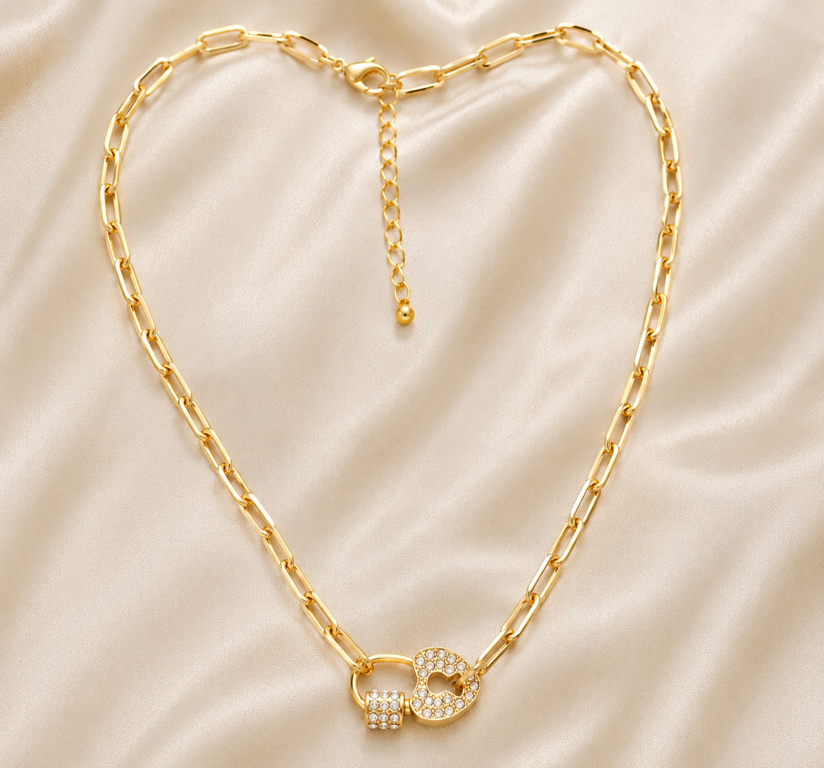 Gold Paperclip Chain Necklace with Crystal Lock Clasp