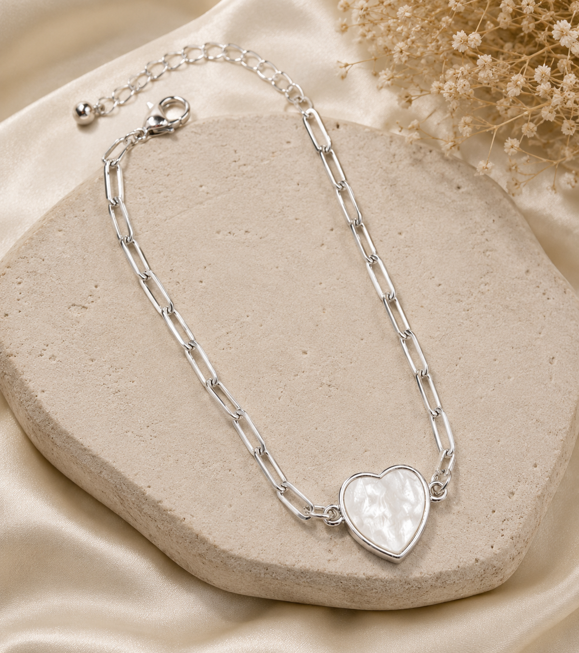 Silver Paperclip Chain Bracelet with Pearl Heart