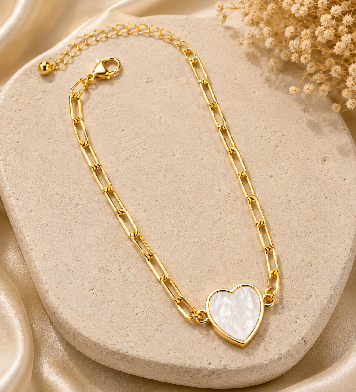 Gold Paperclip Chain Bracelet with Pearl Heart