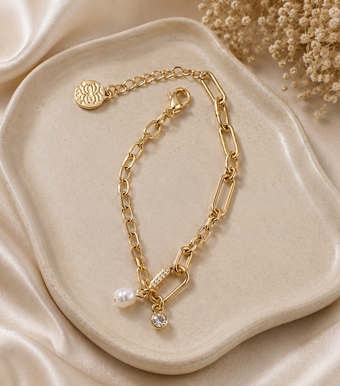 Golden Pearl & Crystal Charm Bracelet