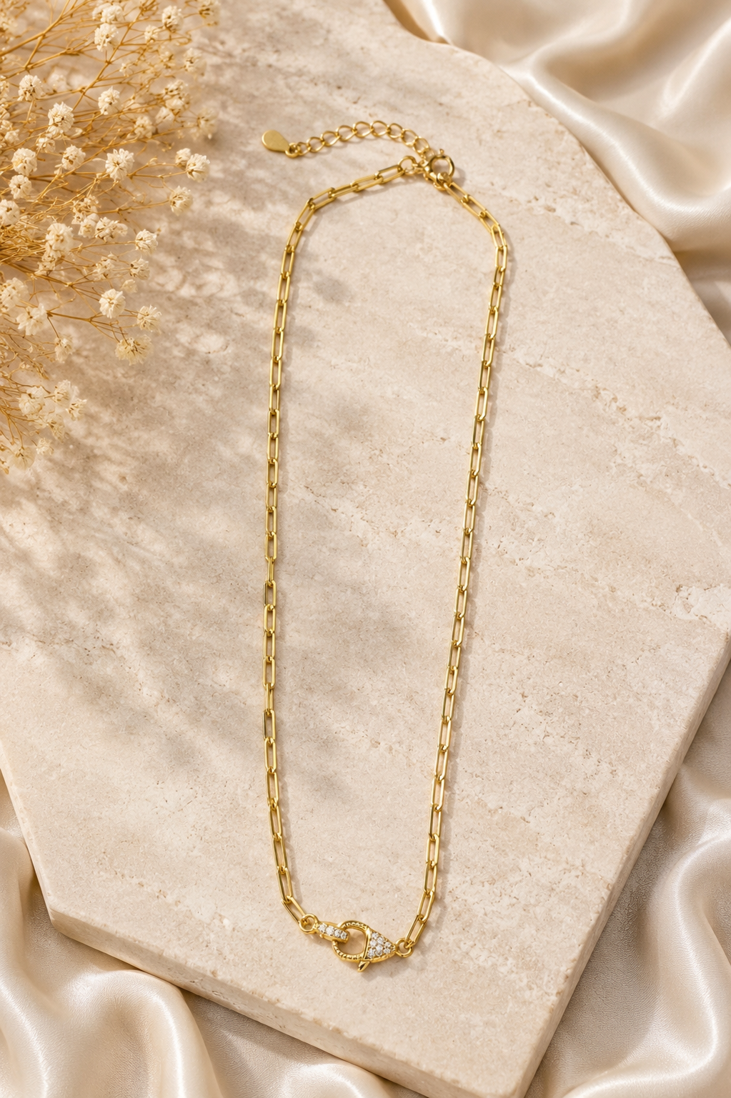 Gold Paperclip Chain Necklace with Sparkling Clasp