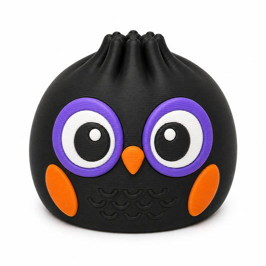 Hootie Boo black purple and orange Halloween owl Dumpling 3D printed Pen Pal bead by Bailey’s Beads