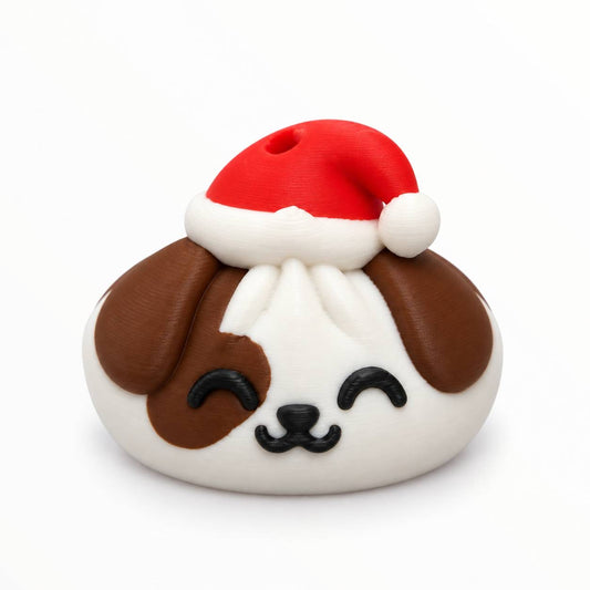 Santa Paws Pup brown and white 3D printed Christmas dog bead wearing a red Santa hat