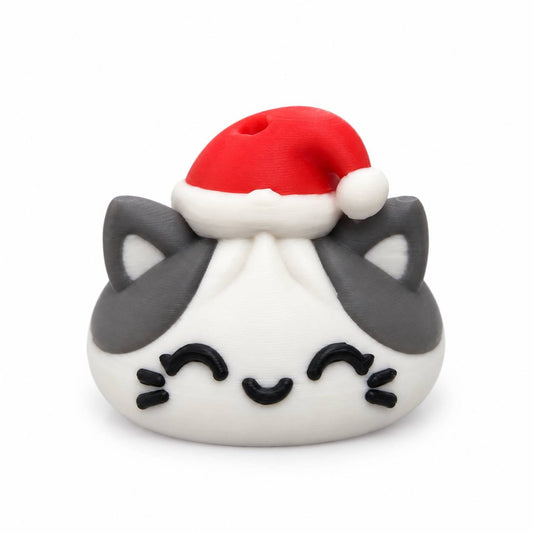Santa Paws gray and white 3D printed Christmas cat bead wearing a red Santa hat