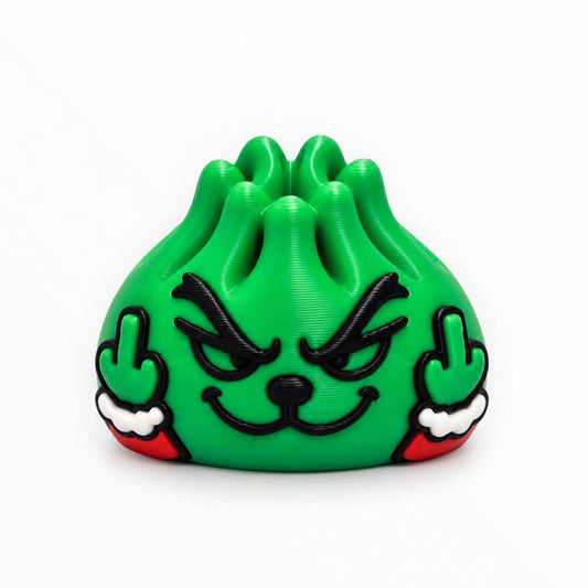 Festive and Feral green 3D printed holiday Dumpling bead with mischievous face and red and white details