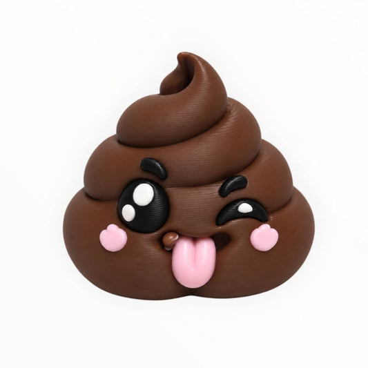 Little Stinker 3D printed poop emoji bead featuring a brown swirled poop design with one large sparkling eye, a playful wink, pink cheeks, and a tongue sticking out.