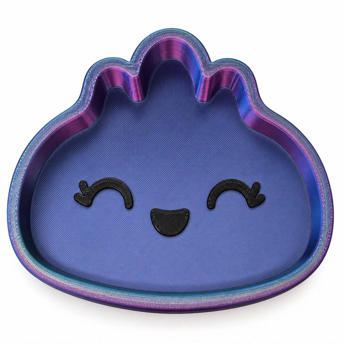 Cosmic Shift blue purple and pink color shifting Full Size Dumpling 3D printed bead and trinket tray with black smiling face