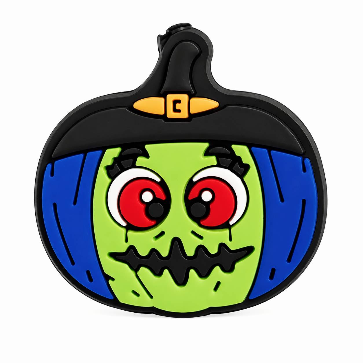 Cute Halloween focal bead featuring a green witch wearing a black hat inside a pumpkin with colorful hair and spooky details.
