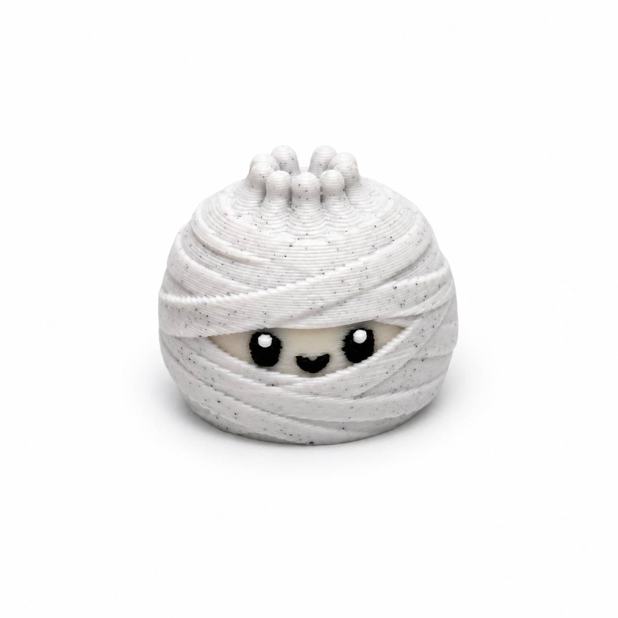 White mummy-inspired Wraps Dumpling Pen Palz 3D printed bead with wrapped bandages and a kawaii face by Bailey's Beads for Halloween beadable pens, keychains, badge reels, and DIY crafts.