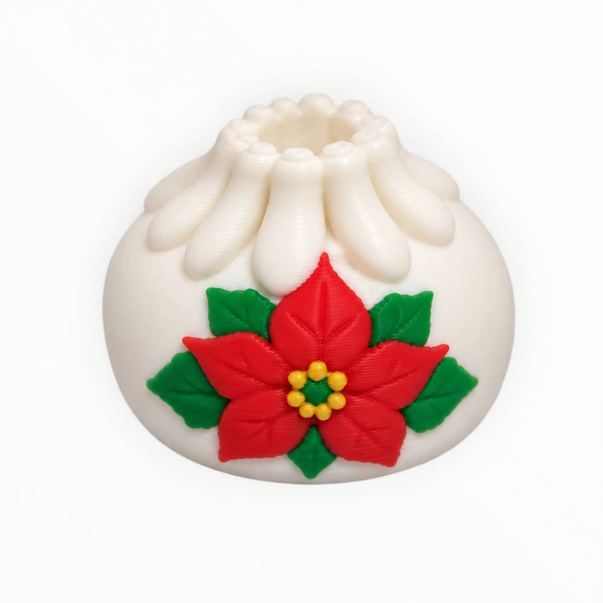 Holiday Bloom 3D printed Christmas dumpling bead featuring a white dumpling decorated with a red poinsettia flower, green leaves, and yellow floral accents.