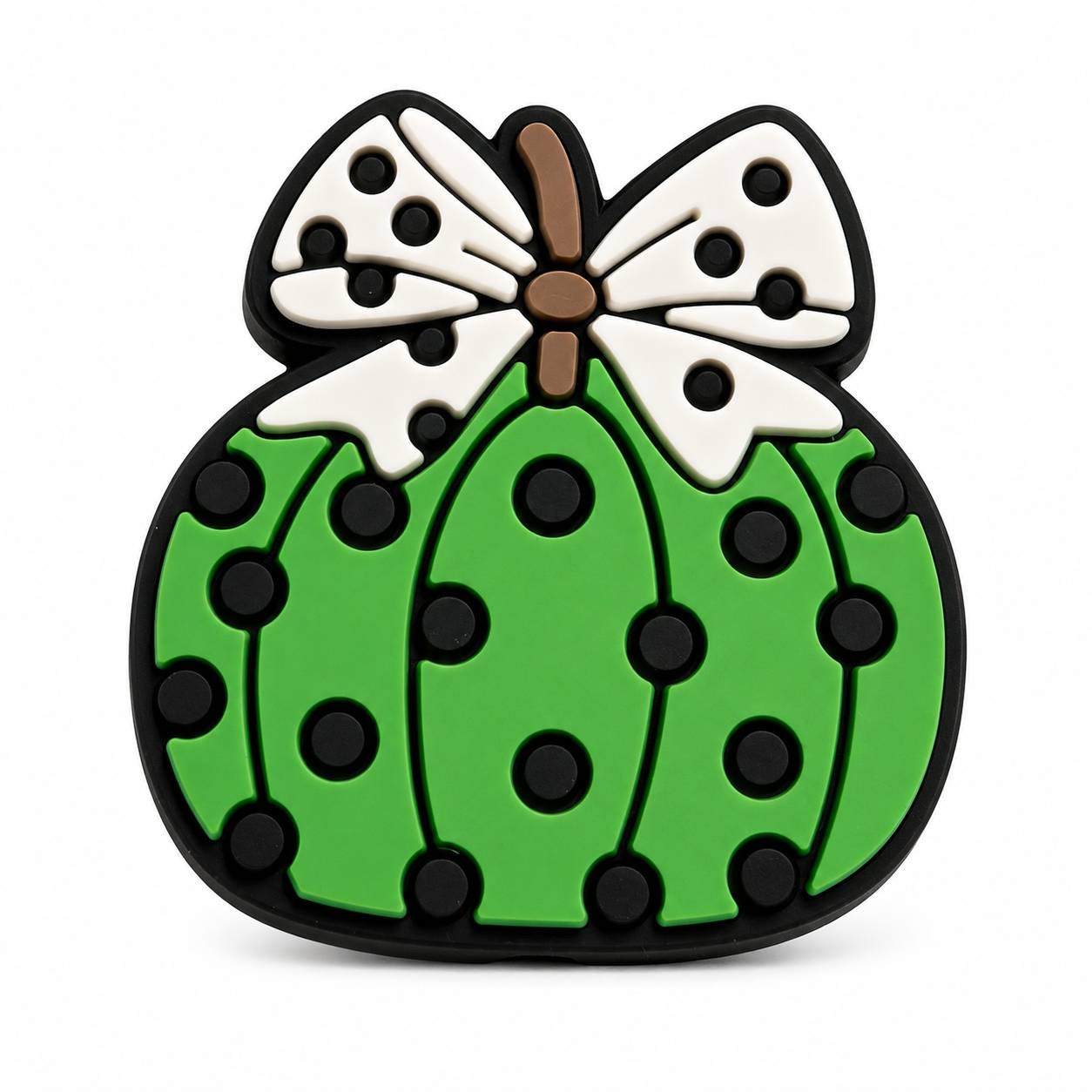 Green polka dot pumpkin focal bead with a white bow, perfect for Halloween and fall crafts.
