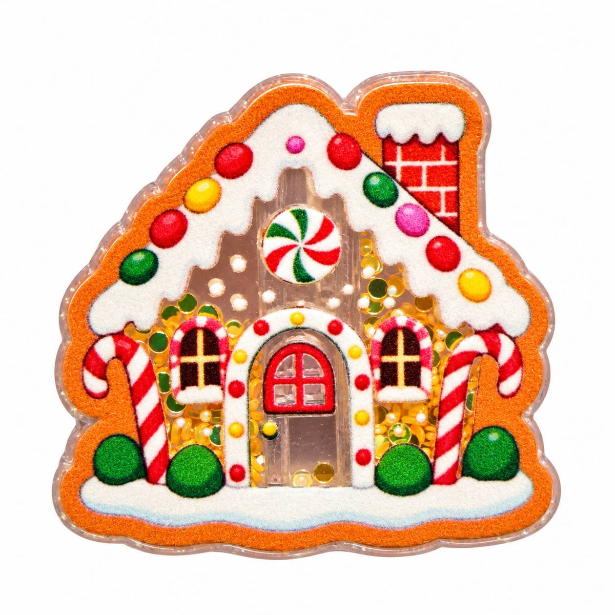 Christmas gingerbread house acrylic flatback with colorful candy decorations, white icing roof, peppermint swirl, candy canes, red door and gold confetti accents