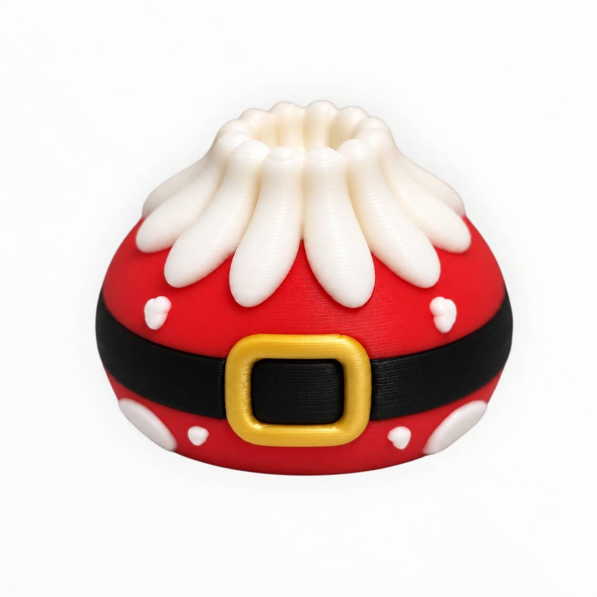 Santa's Little Helper 3D printed Christmas dumpling bead featuring a red Santa suit, fluffy white trim, black belt, and gold buckle.