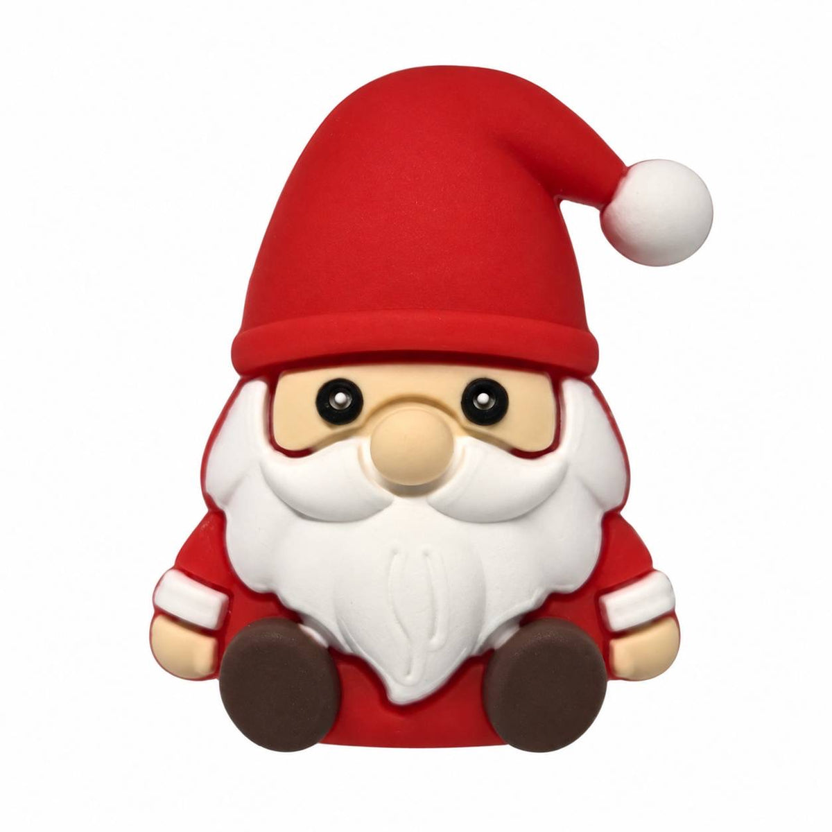 Jolly Little Nick Christmas silicone focal bead featuring a cute sitting Santa Claus with an oversized red hat, white pom-pom, fluffy white beard, and brown boots.