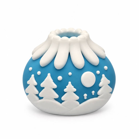 Moonlit Pines blue and white 3D printed winter bead featuring snow-covered pine trees, falling snowflakes, and a white moon against a blue background.