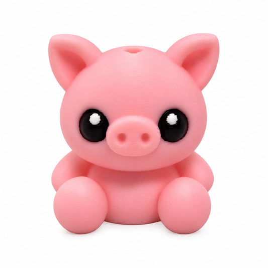 Pretty in Pink Piggy 3D printed bead featuring a cute pink sitting pig with big black eyes, rounded ears, and a tiny snout for beadable pens and DIY crafts.
