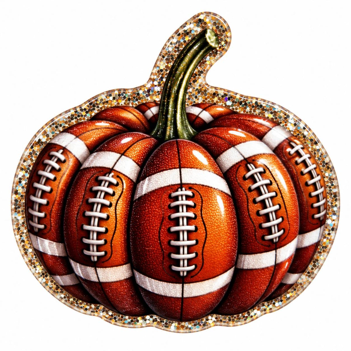 Touchdown Pumpkin football acrylic flatback featuring a brown pumpkin with football laces and white stripes, dark green stem and sparkling gold glitter-style border.