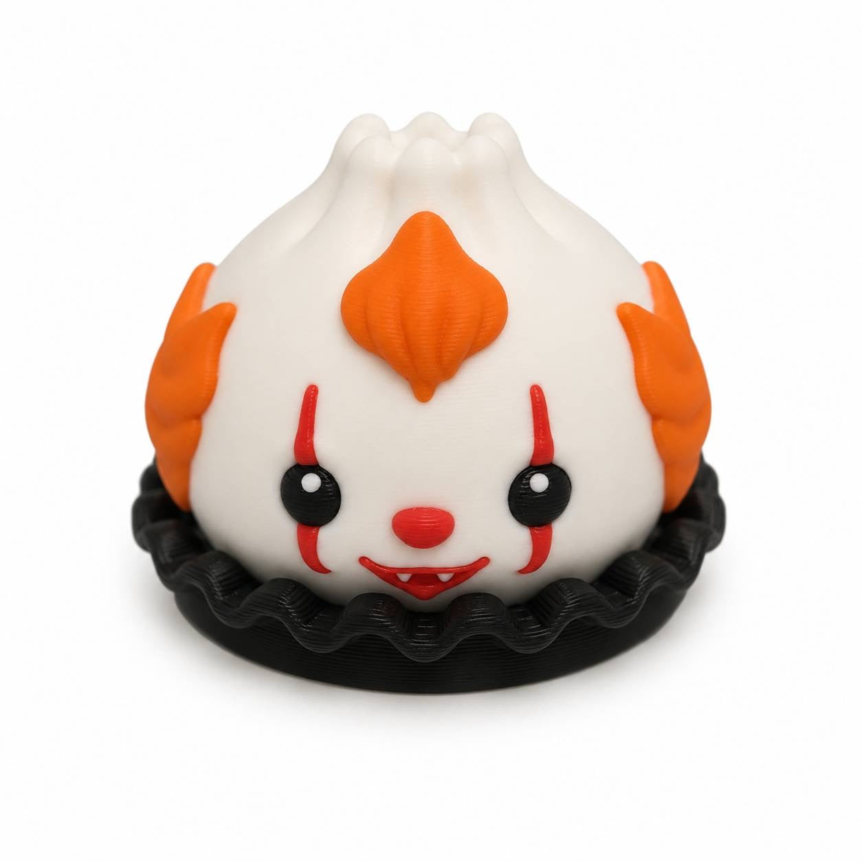 Carnival Creep Dumpling 3D printed Halloween bead with orange hair red face details and black ruffled collar