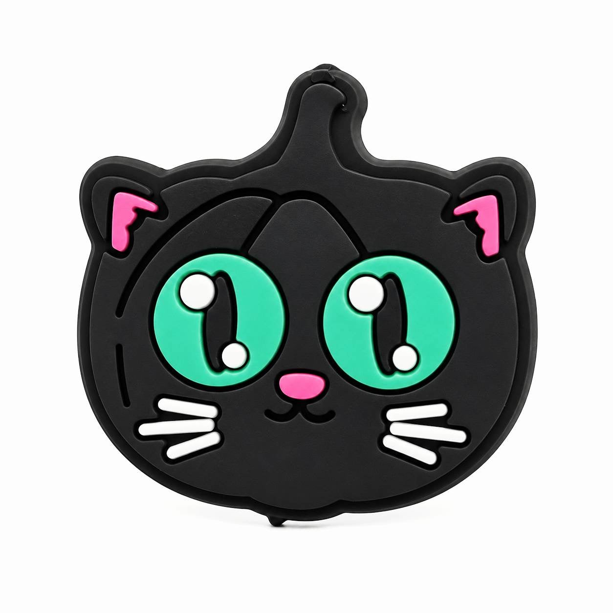 Cute black cat Halloween focal bead featuring oversized green eyes, pink ears, and a sweet expression.