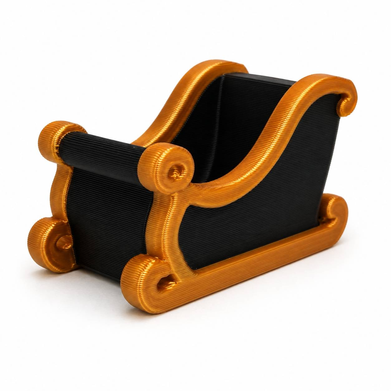 Black and gold Midnight Sleigh 3D printed Christmas bead with open center for pairing with other beads.