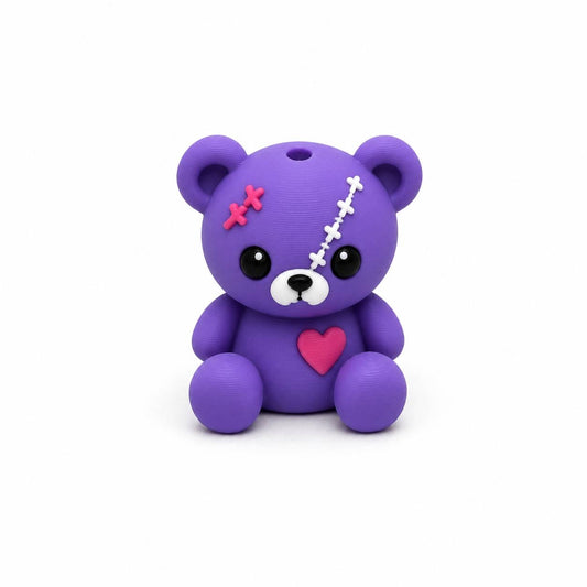 Purple Violet Pen Palz 3D printed stitched teddy bear bead with embroidered-inspired details and a pink heart by Bailey's Beads for beadable pens, keychains, badge reels, and DIY crafts.