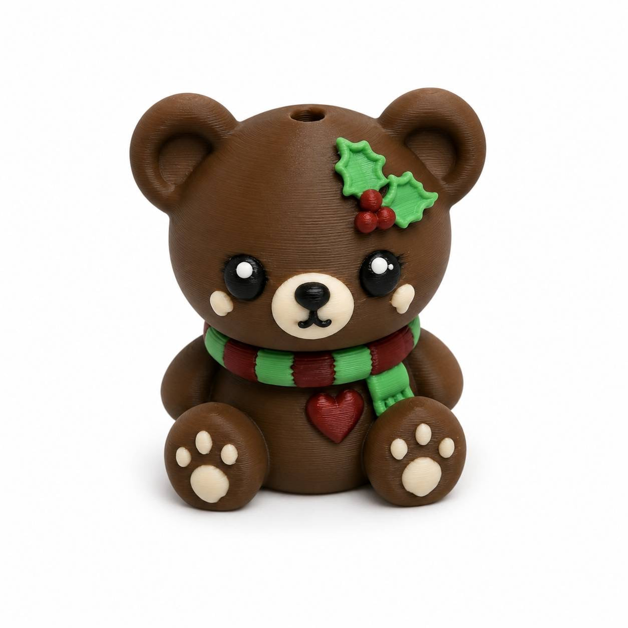 Holly Jolly brown Christmas bear 3D printed bead with red and green scarf and holly accent