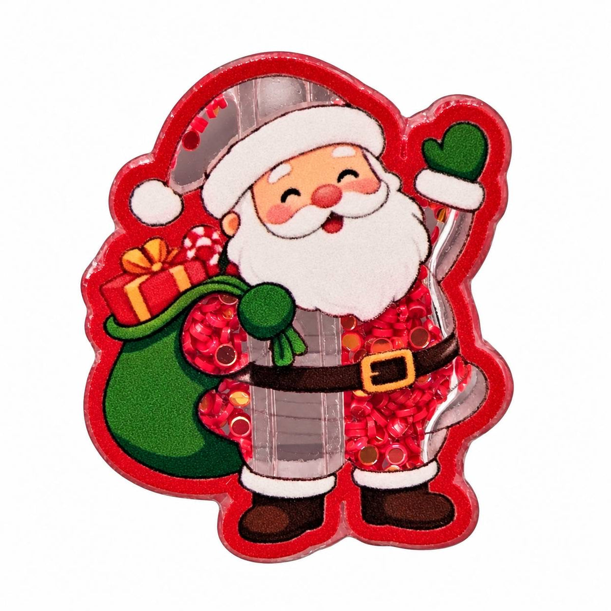 Cute Santa Claus acrylic flatback with red Christmas suit, white beard, green mitten, green sack of presents, candy canes and sparkling red confetti accents