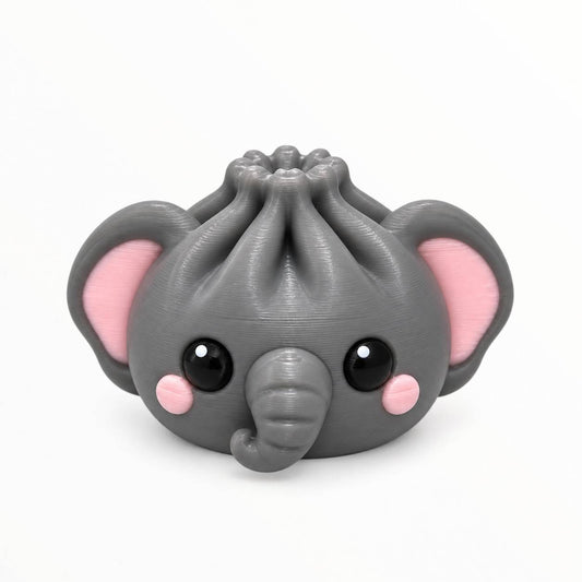 Ellie Dumpling gray elephant 3D printed bead with pink ears and curled trunk