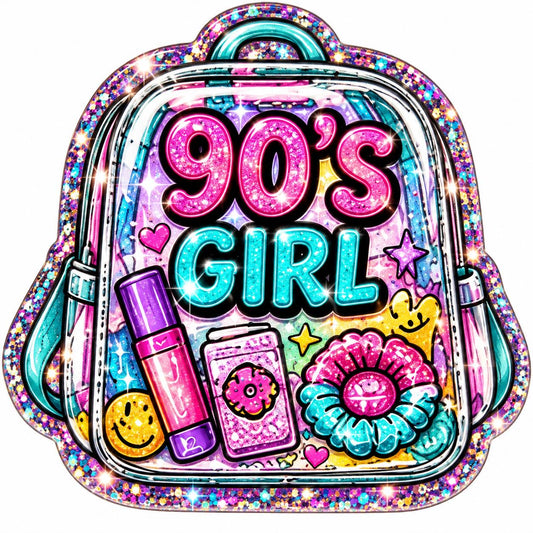 90s Girl Vibes acrylic flatback featuring a colorful glitter-style backpack with pink 90s lettering, turquoise GIRL lettering, smiley faces, lip gloss, flower and retro accessories.