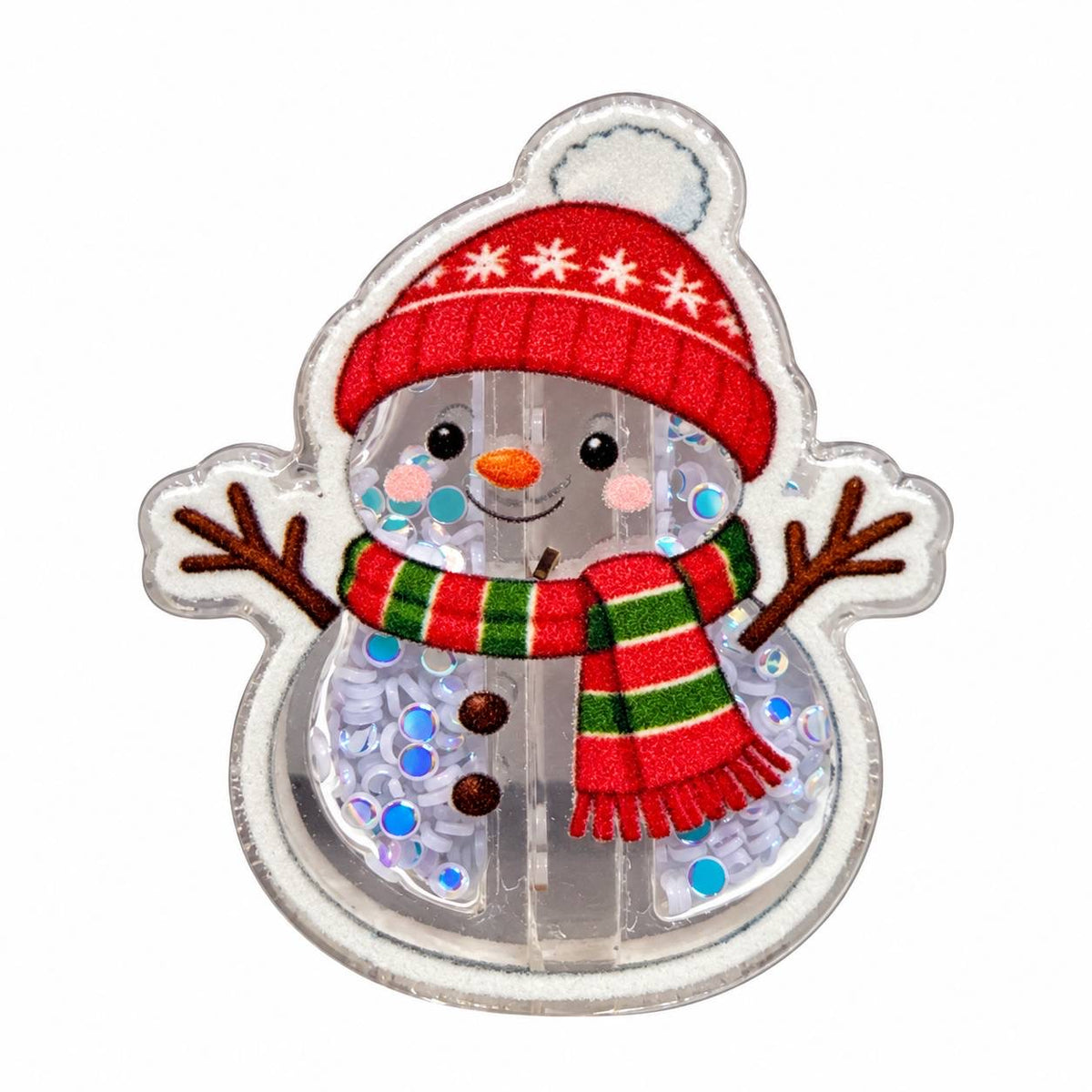 Cute snowman acrylic flatback with red snowflake hat, red and green striped scarf, orange carrot nose, twig arms, and sparkling blue and white confetti accents