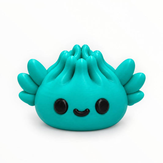 Axolittle Cutie teal 3D printed axolotl Dumpling bead with black smiling face