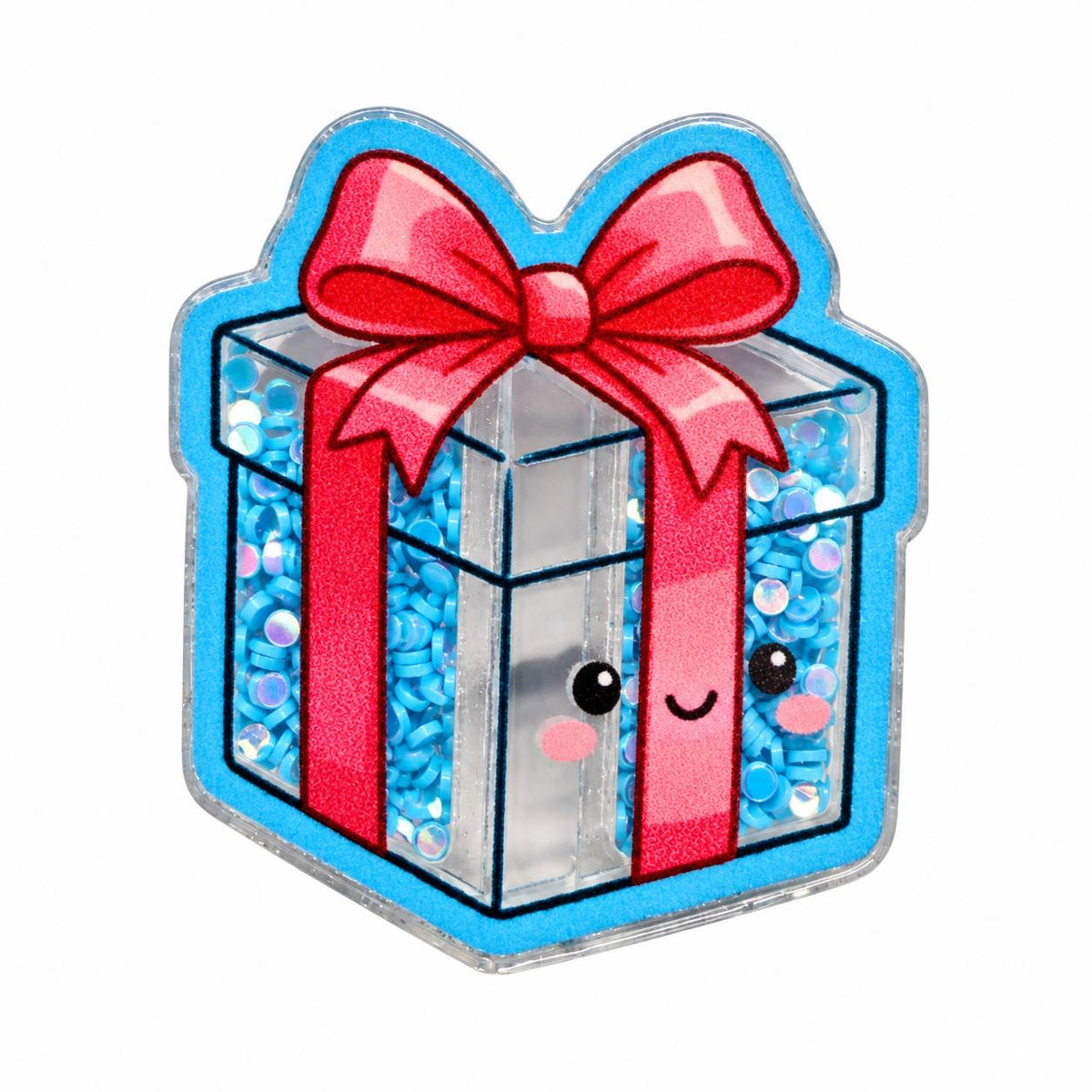 Cute acrylic gift box flatback with large pink bow, blue confetti shaker-style design, smiling face, rosy cheeks and blue outline