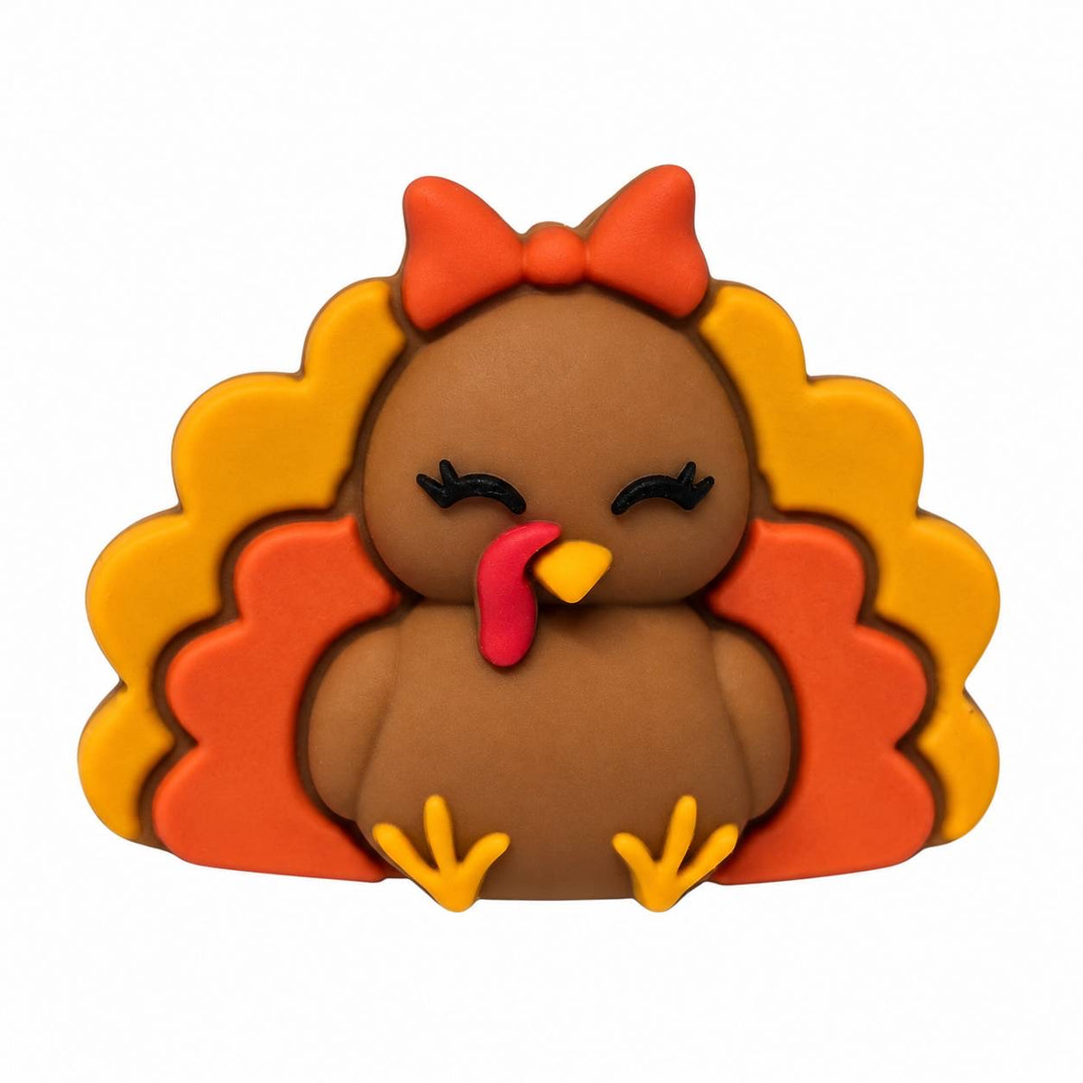 Gobble Girl Thanksgiving silicone focal bead featuring a cute brown turkey with an orange bow, closed eyes, yellow feet, and colorful orange and yellow tail feathers.