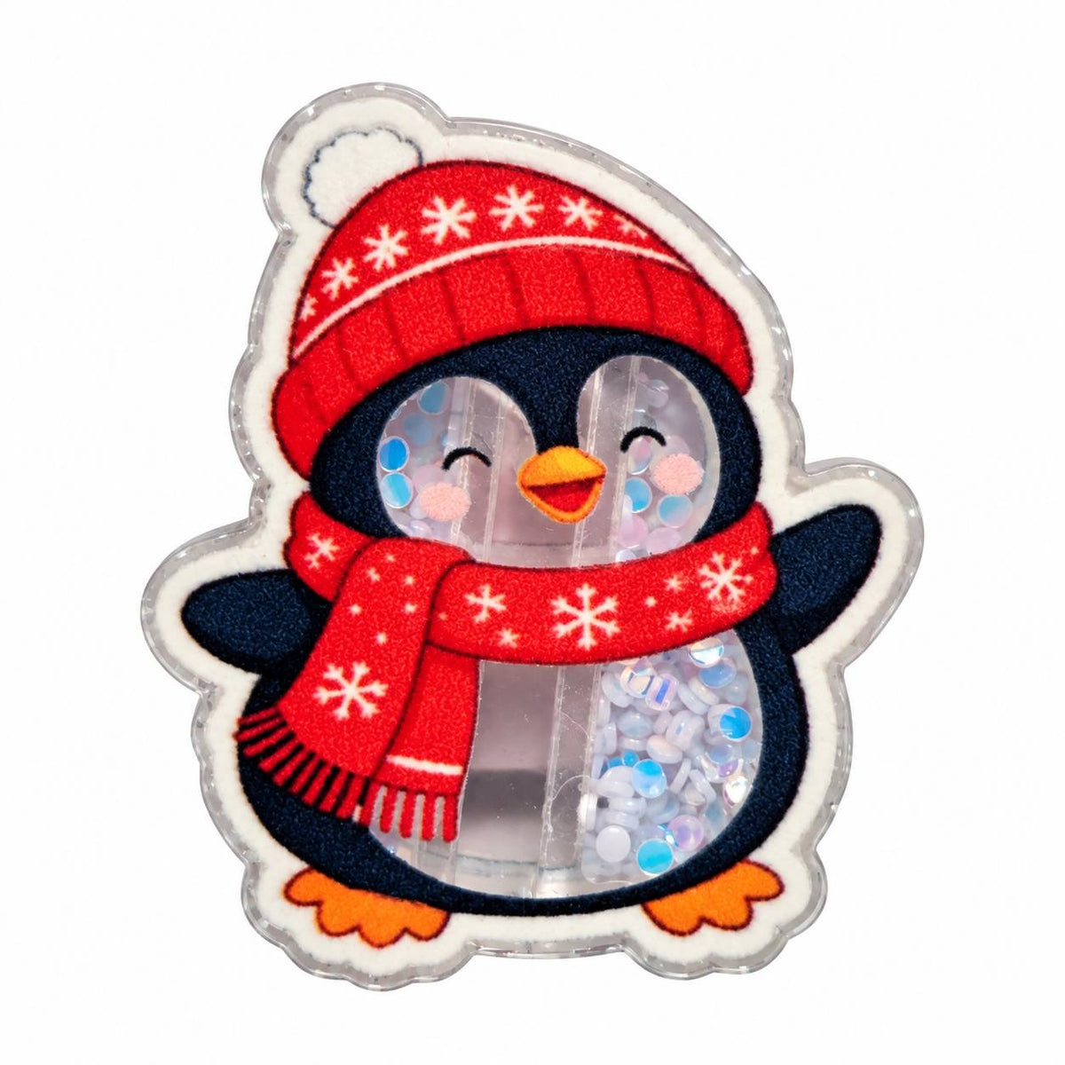 Cute winter penguin acrylic flatback with red snowflake hat, matching scarf, orange feet, smiling face and blue iridescent confetti details