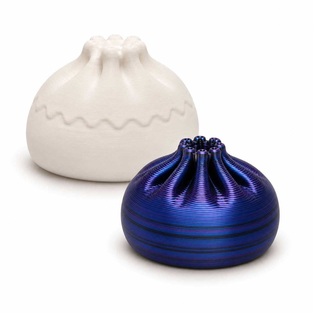 Midnight Galaxy blue and purple multicolor 22mm Mini Dumpling 3D printed bead shown with Original Dumpling for size comparison