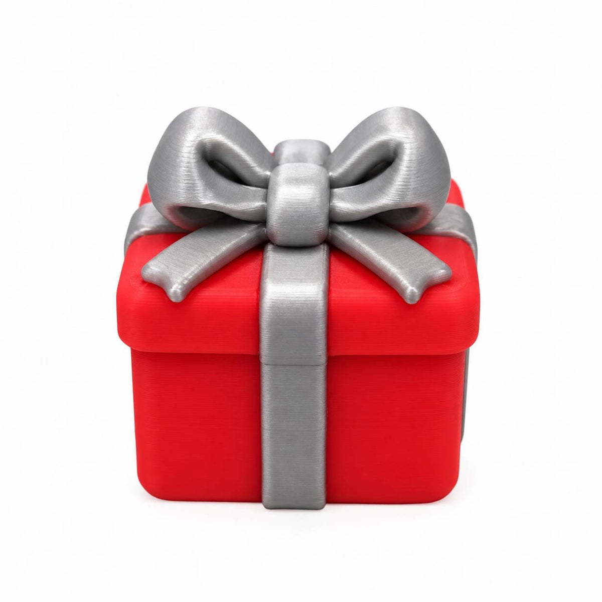 Wrapped in Joy red Christmas present 3D printed bead featuring a silver ribbon and oversized silver bow on top.